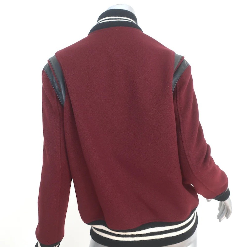 Saint Laurent Teddy Bomber Jacket Leather-Trim Burgundy Wool Size 46 - Picture 4 of 8